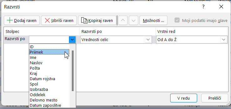 Večnivojsko razvrščanje - Excel