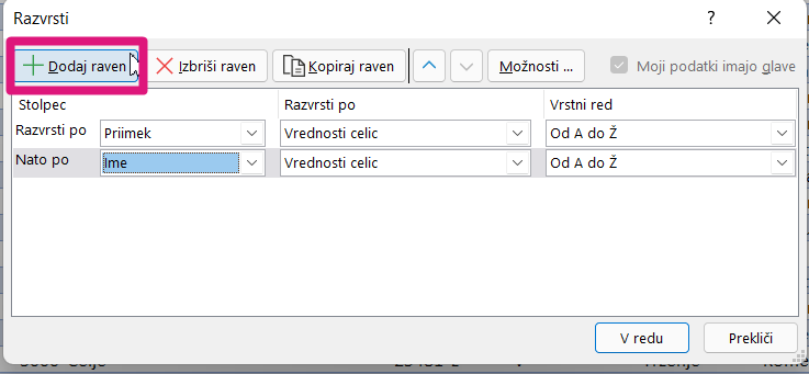 večnivojsko razvrščanje in fitriranje - Excel