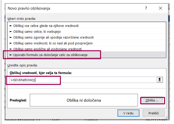 Excel pobarvajmo vrstice
