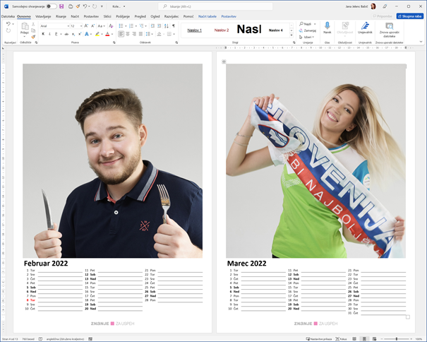 Predloga koledarja v Wordu za leto 2022